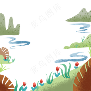 夏季扁平风手绘山水