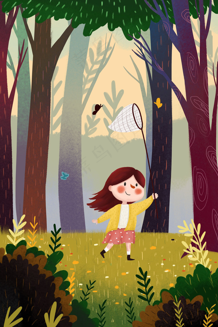 春季春天女孩捉蝴蝶插画小清新