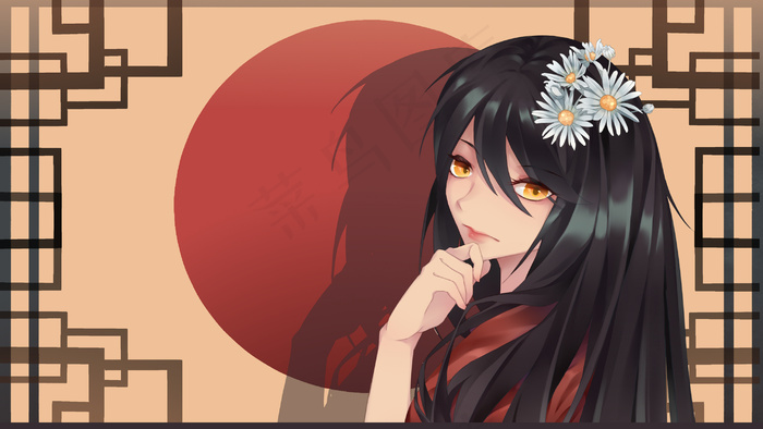头戴花瓣的黑发少女(2880X1620(DPI:300))psd模版下载