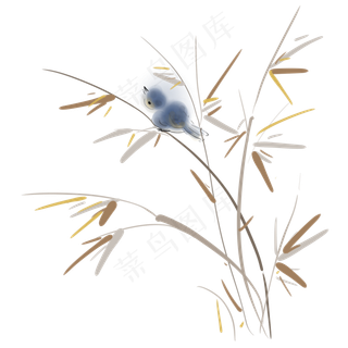古风水墨小鸟和芦苇,免抠元素