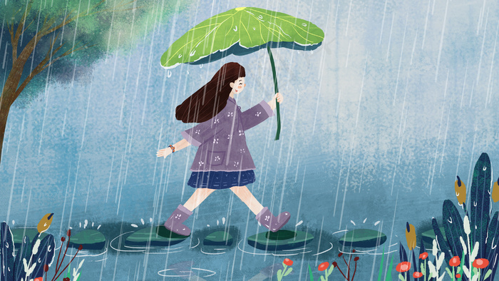 清明谷雨小女孩欢乐过河竖图(2880X1620(DPI:300))psd模版下载
