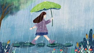 清明谷雨小女孩欢乐过河竖图
