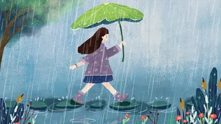 清明谷雨小女孩欢乐过河竖图
