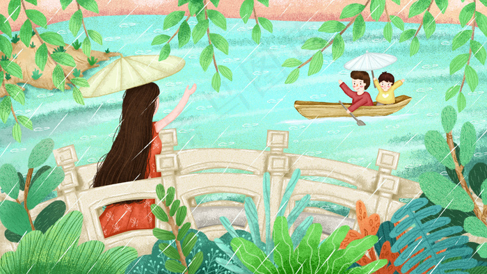 春天卡通小清新清明下雨一家游玩配图(2880X1620(DPI:300))psd模版下载