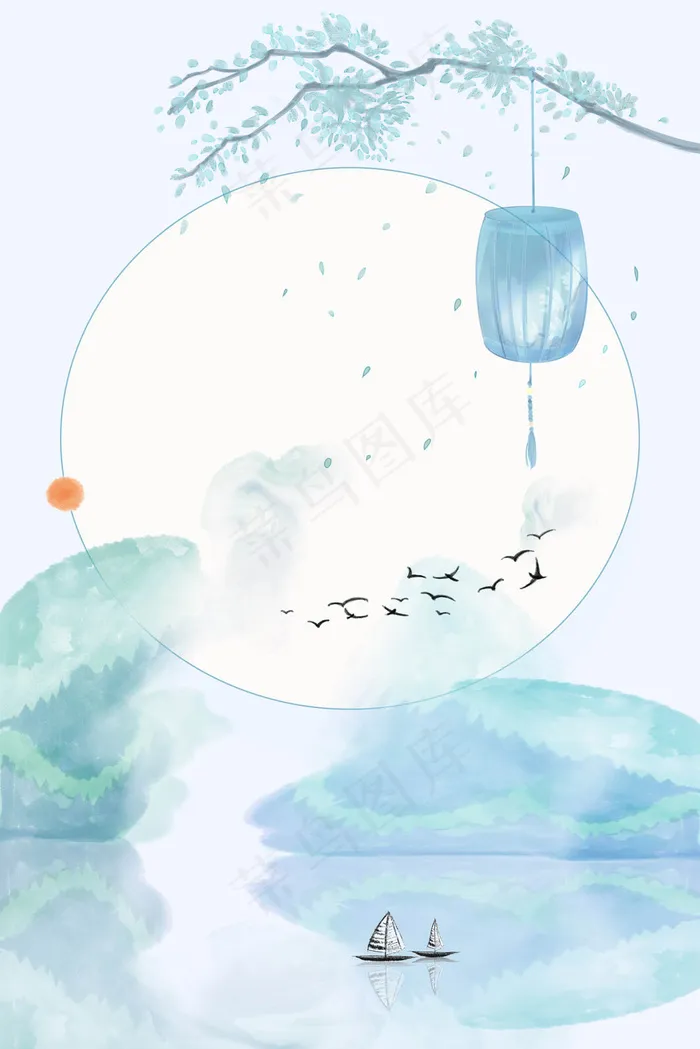 蓝色古风山水水墨禅意