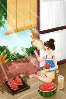 夏天女孩夏日夏季初夏夏至大暑乘凉吃西瓜 夏天女孩夏日夏季初夏夏至大暑乘凉吃西瓜