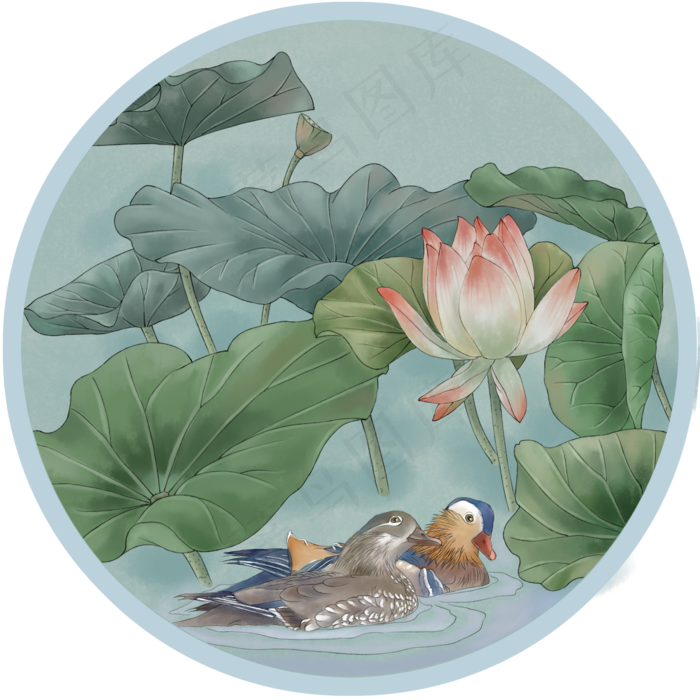 夏季风景装饰画壁画墙画工笔国画,免抠元素