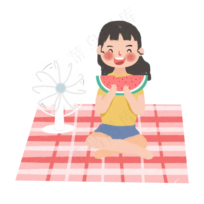 夏季室内吃西瓜吹风扇的小女孩(2000X2000(DPI:300))psd模版下载