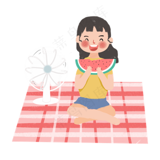 夏季室内吃西瓜吹风扇的小女孩