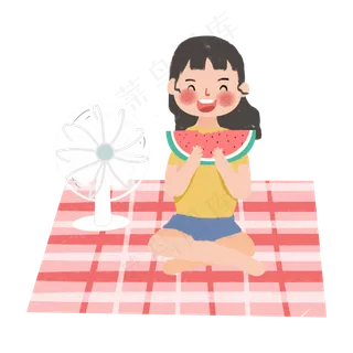 夏季室内吃西瓜吹风扇的小女孩