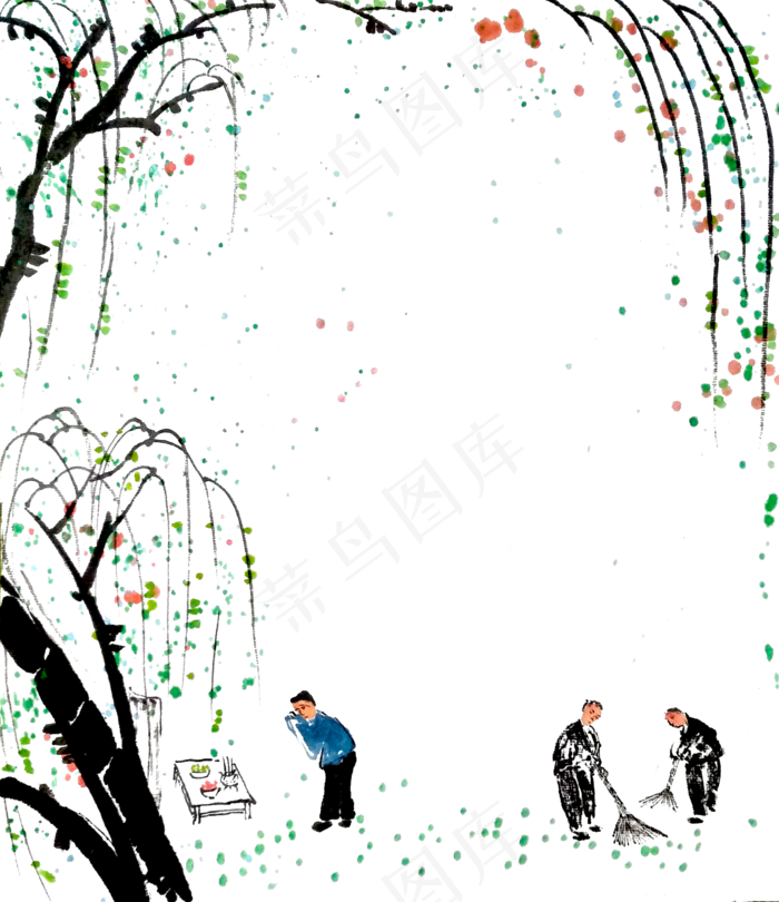 春天装饰绿柳彩色国画水墨PNG(2591X3000(DPI:72))psd模版下载