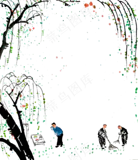 春天装饰绿柳彩色国画水墨PNG
