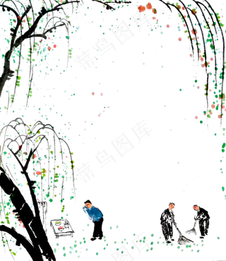 春天装饰绿柳彩色国画水墨PNG