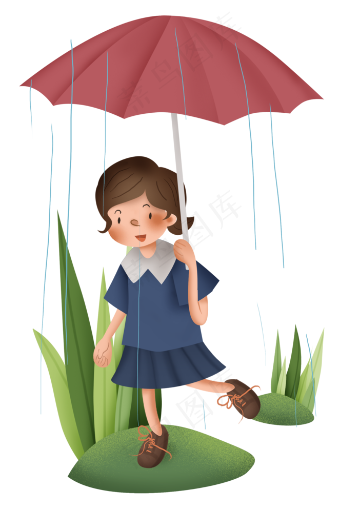 二十四节气雨水雨伞和女孩,免抠元素