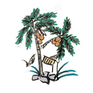 夏日海边椰子树沙滩手绘