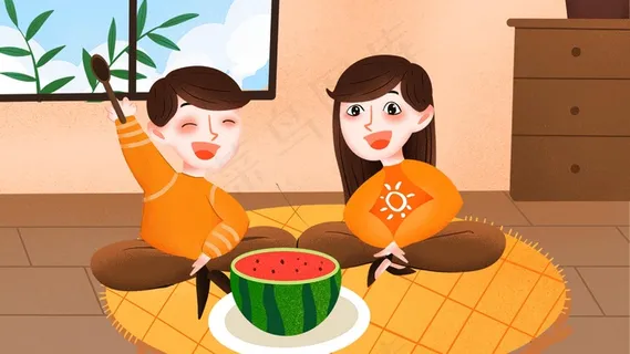 小清新手绘夏天吃西瓜
