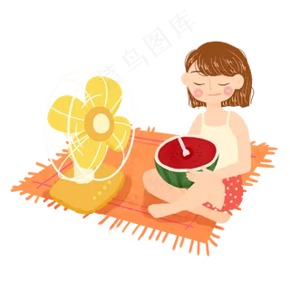 小暑吹电扇吃瓜女孩png素材