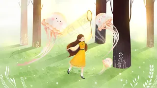 水彩女孩与水母配图