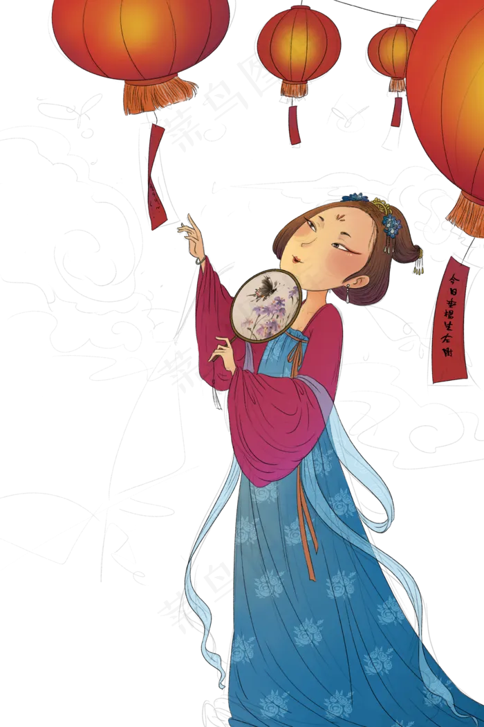 手绘卡通灯笼下的古代美女元素,免抠元素(3545X5315)
