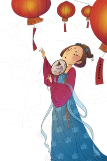 手绘卡通灯笼下的古代美女元素,免抠元素