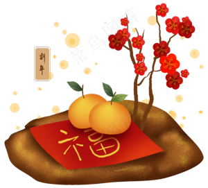 农历新年福橘和梅花装饰,免抠元素