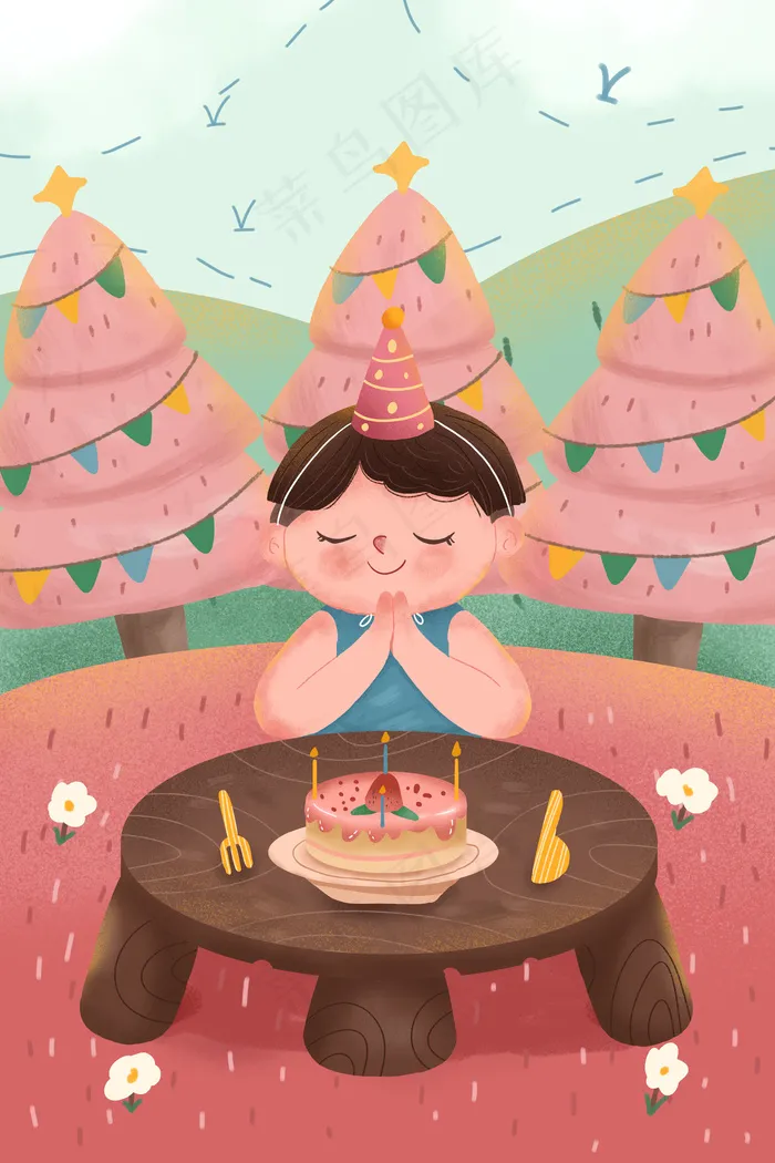 粉色系卡通可爱生日快乐男孩许愿配图(3545X5315(DPI:300))psd模版下载