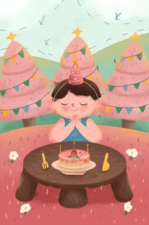粉色系卡通可爱生日快乐男孩许愿配图