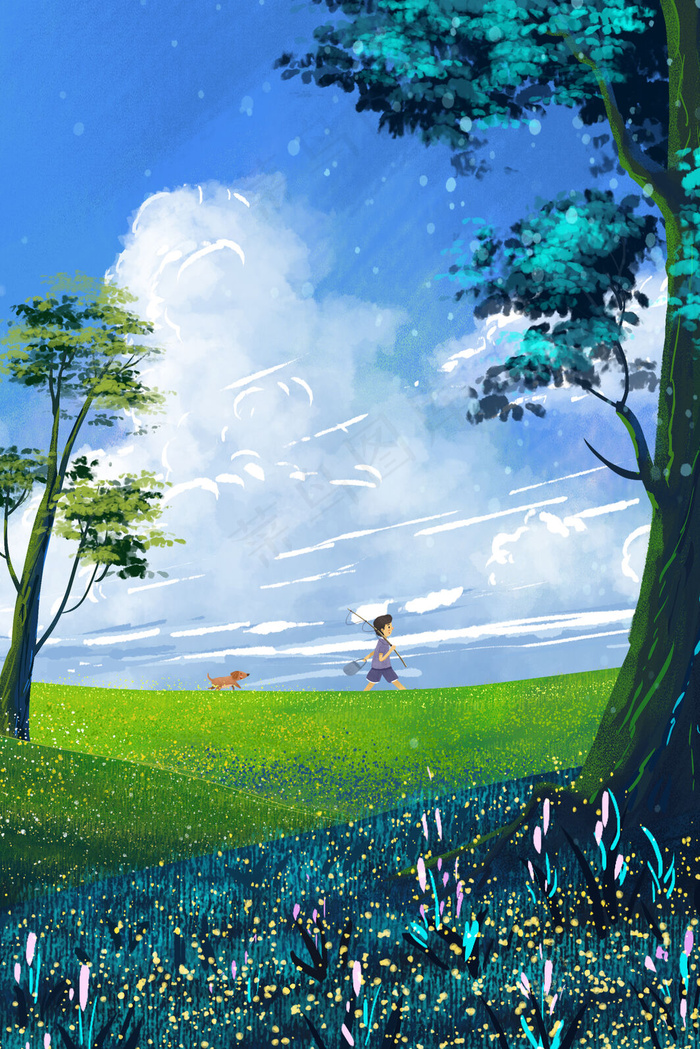 夏天景色蓝天草地树小清新男孩去钓鱼