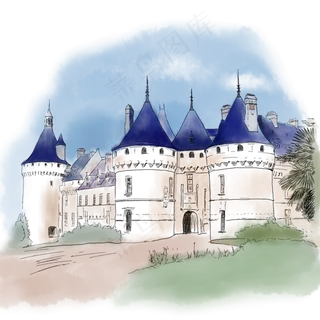 钢笔水彩蓝顶欧洲城堡 钢笔水彩蓝顶欧洲城堡