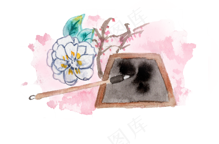 中国风小物水彩笔墨插画