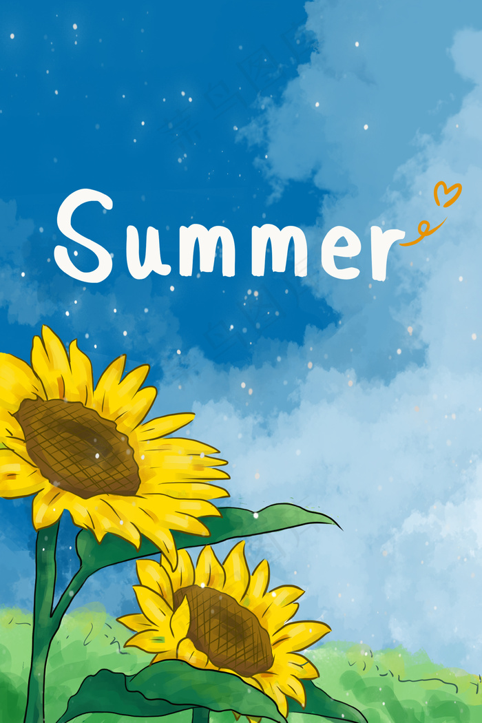 蓝色漫画风立夏夏天向日葵天空云(3545*5315px 300 dpi )psd模版下载