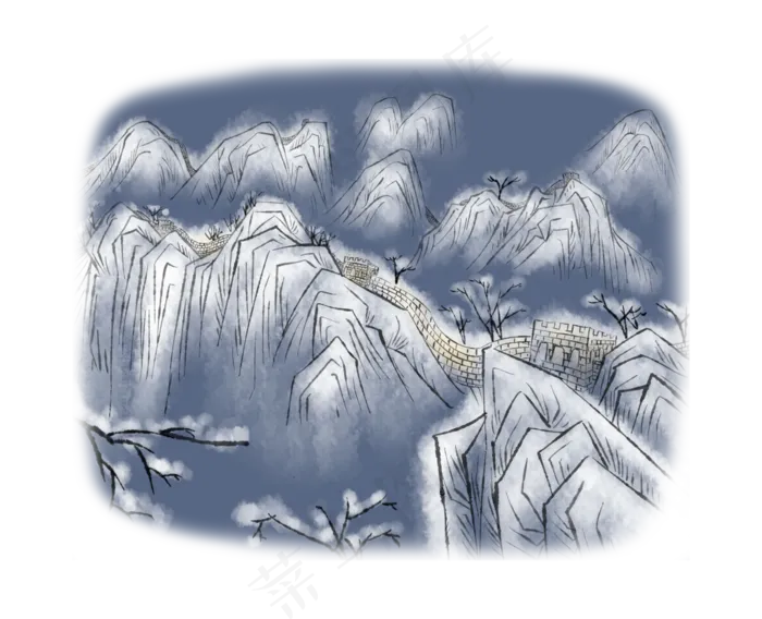 中国万里长城水墨雪景(4370X3543(DPI:256))psd模版下载