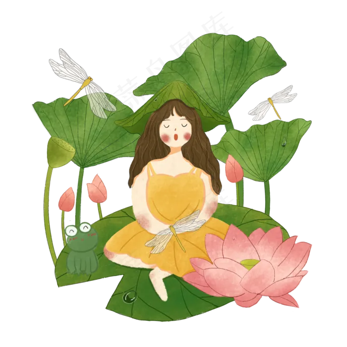 莲花荷花花苞夏日少女蜻蜓PNG(3000X3000(DPI:300))psd模版下载