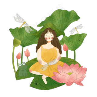 莲花荷花花苞夏日少女蜻蜓PNG