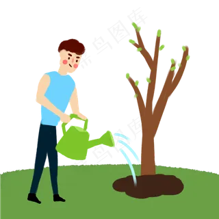 男生在植树节种树浇水