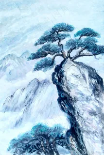 中国风水墨山水画迎客松手绘 中国风水墨山水画迎客松手绘