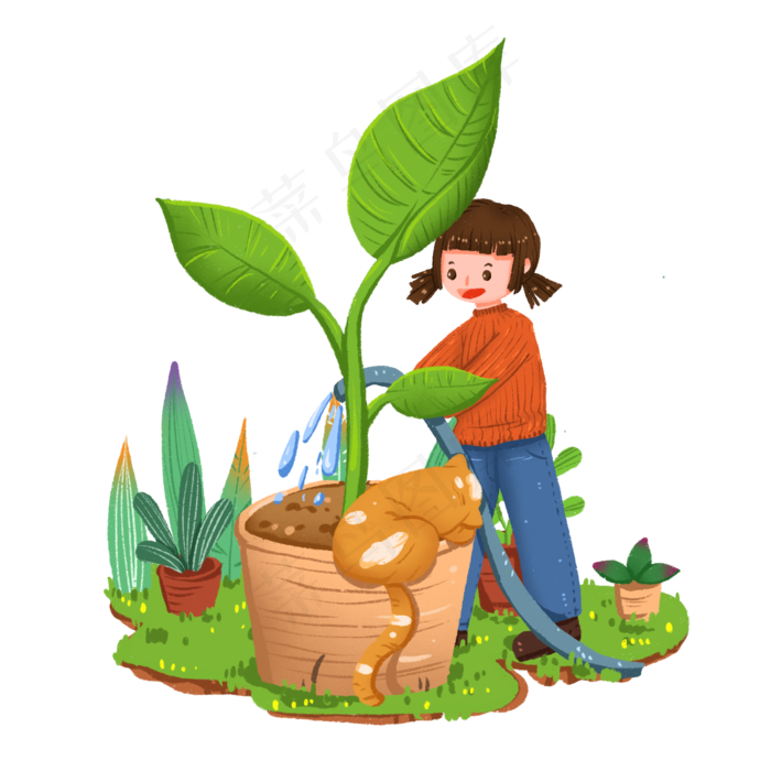 植树节植树浇水小女孩免抠元素
