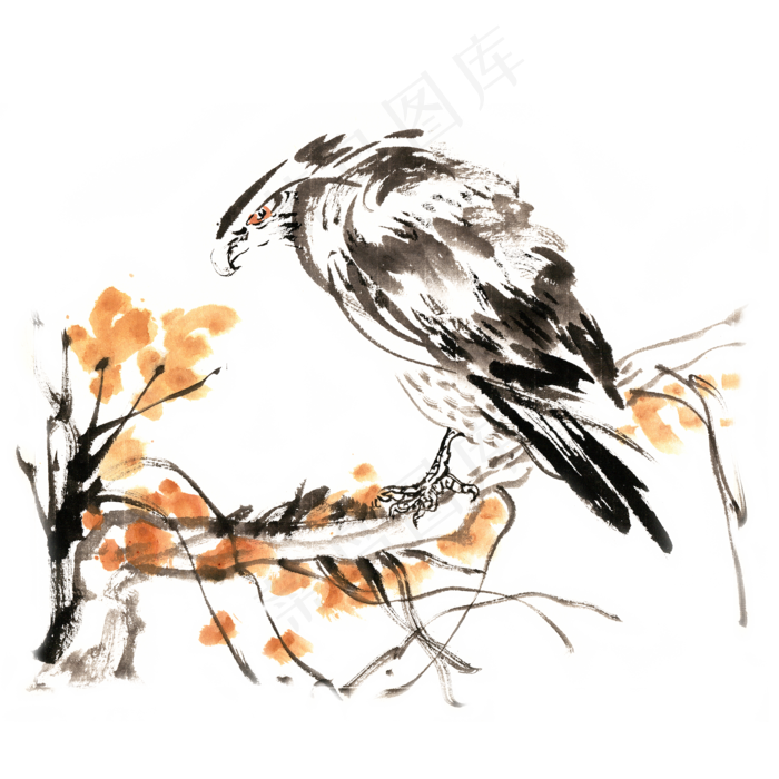 水墨画树枝上的鹰,免抠元素(4724X4724(DPI:300))psd模版下载