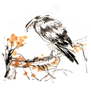 水墨画树枝上的鹰,免抠元素