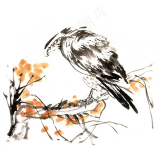 水墨画树枝上的鹰,免抠元素 水墨画树枝上的鹰,免抠元素