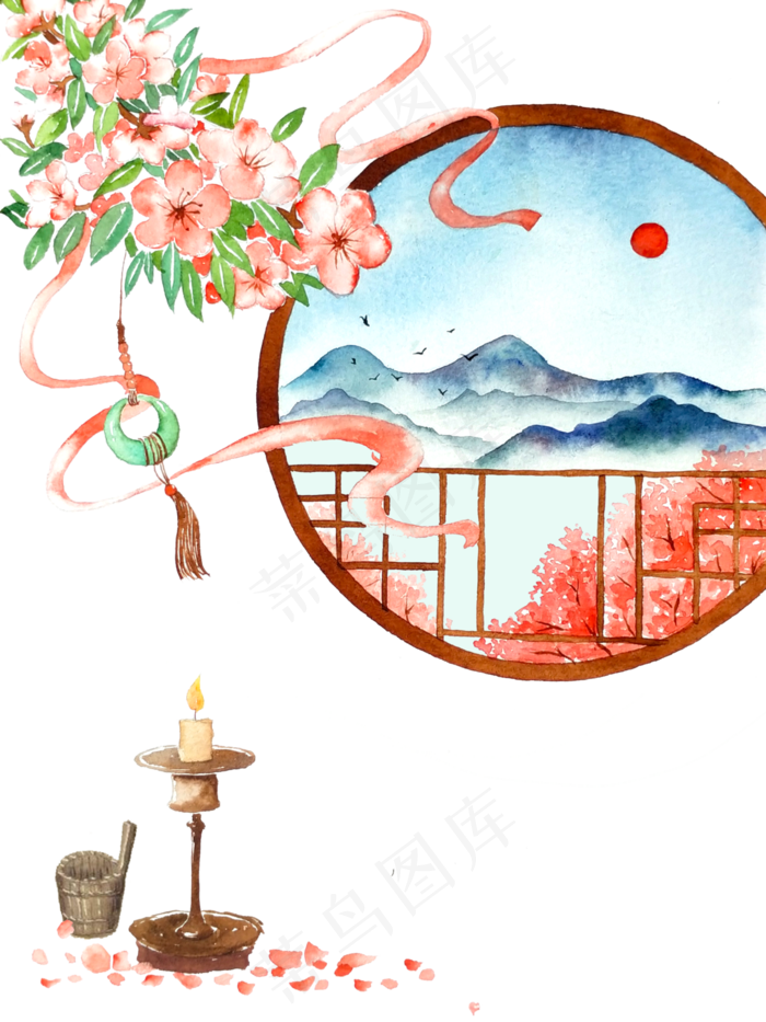 中国古典窗景桃花烛台,免抠元素