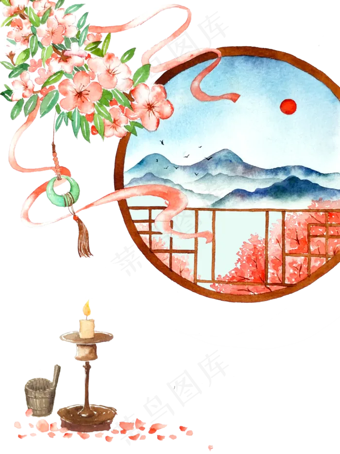 中国古典窗景桃花烛台,免抠元素(3000*4000px 300 dpi )psd模版下载