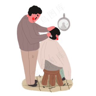 手绘龙抬头理发的小男孩,免抠元素