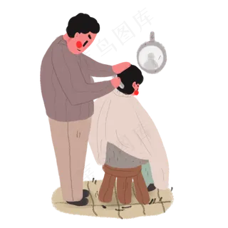 手绘龙抬头理发的小男孩,免抠元素