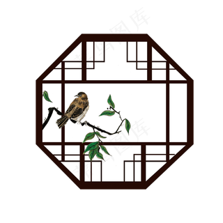 鸟窗棂窗工笔画鸟雀春天国画PNG,免抠元素