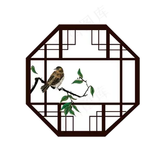 鸟窗棂窗工笔画鸟雀春天国画PNG,免抠元素