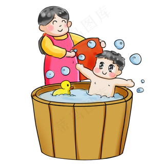 2019新年过年系列卡通手绘Q版洗澡,免抠元素