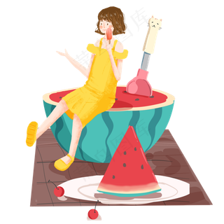 大暑吃冰棒西瓜女孩png素材