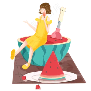 大暑吃冰棒西瓜女孩png素材