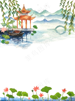 中国水彩古风夏日山水亭,免抠元素